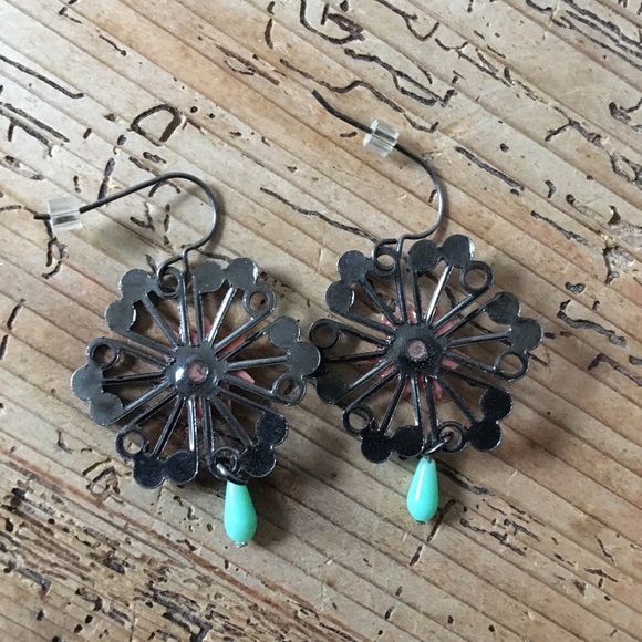 NEW Floral Flower Drop Earrings Turquoise Coral Lime - Picture 2 of 3